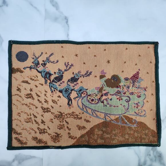 2 Christmas Tapestry Placemats Santa Sleigh Reindeer flying 12" X 18" - Picture 5 of 5